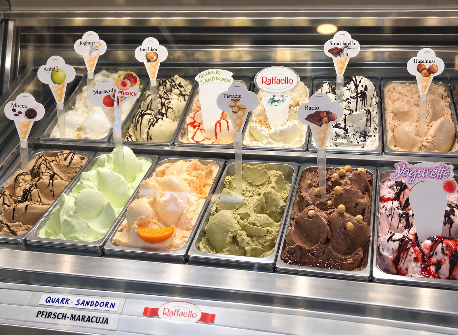 Die gefüllte Gelato-Vitrine von Eiscafé Veneto mit vielen Sorten und Sortenschildern